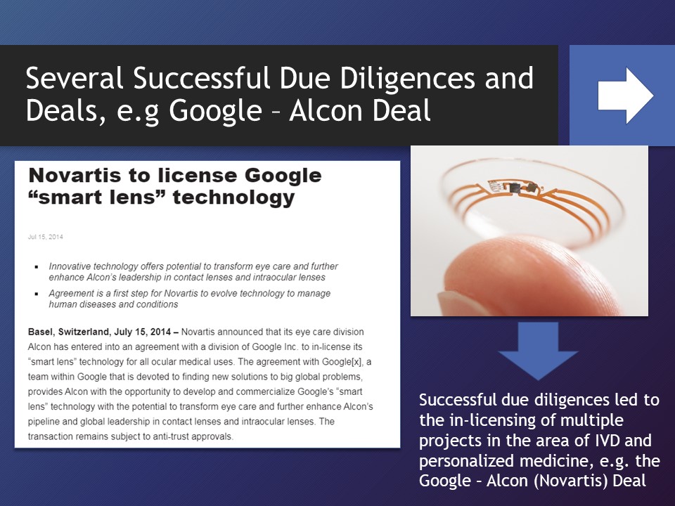 Several Successful Due Diligences and Deals, e.g Google – Alcon Deal